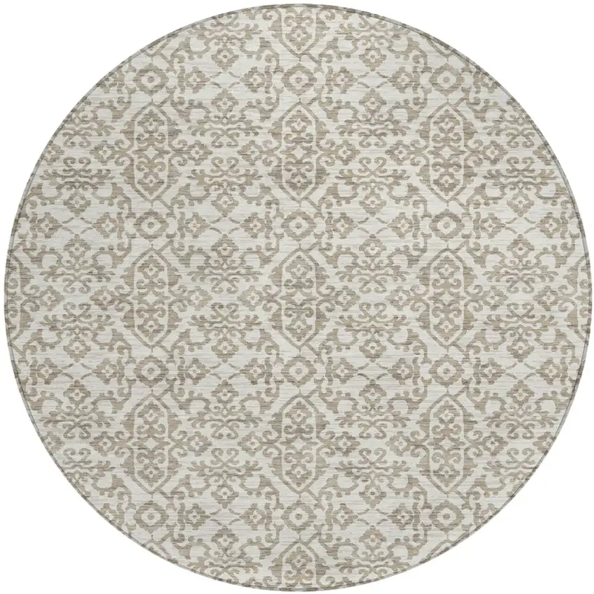 8' Ivory And Beige Round Damask Washable Indoor Outdoor Area Rug Photo 2