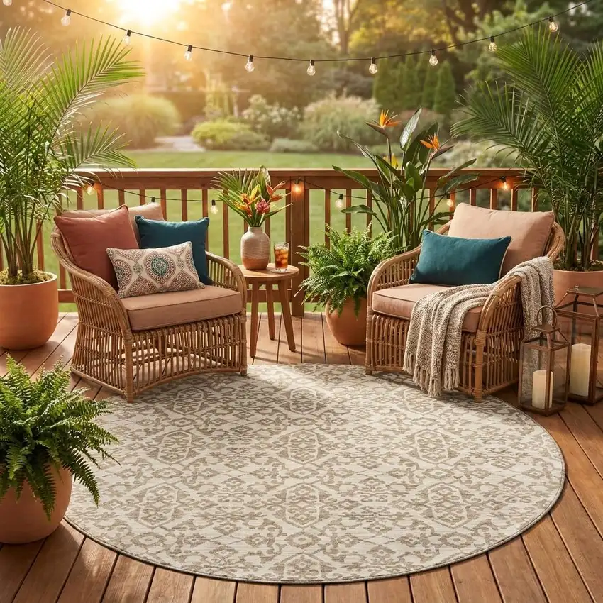 8' Ivory And Beige Round Damask Washable Indoor Outdoor Area Rug Photo 1