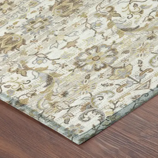 8' Ivory And Beige Round Floral Medallion Washable Indoor Outdoor Area Rug Photo 5