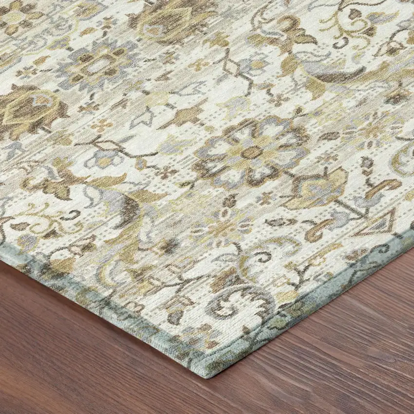 8' Ivory And Beige Round Floral Medallion Washable Indoor Outdoor Area Rug Photo 5