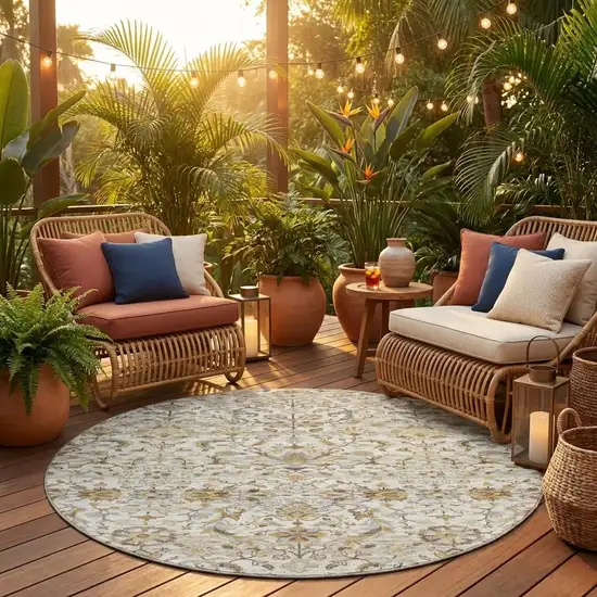 8' Ivory And Beige Round Floral Medallion Washable Indoor Outdoor Area Rug Photo 1
