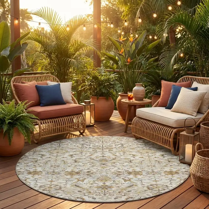 8' Ivory And Beige Round Floral Medallion Washable Indoor Outdoor Area Rug Photo 1