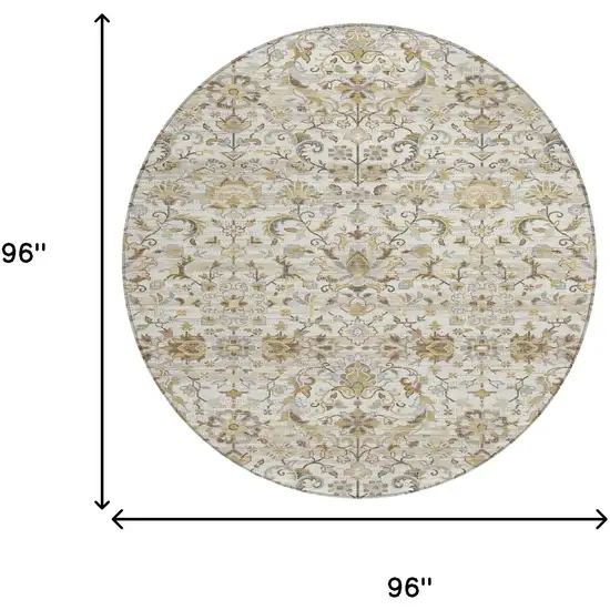 8' Ivory And Beige Round Floral Medallion Washable Indoor Outdoor Area Rug Photo 7