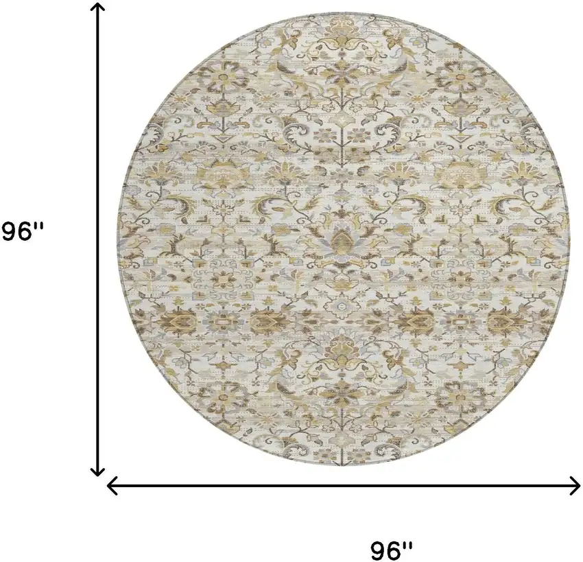 8' Ivory And Beige Round Floral Medallion Washable Indoor Outdoor Area Rug Photo 7