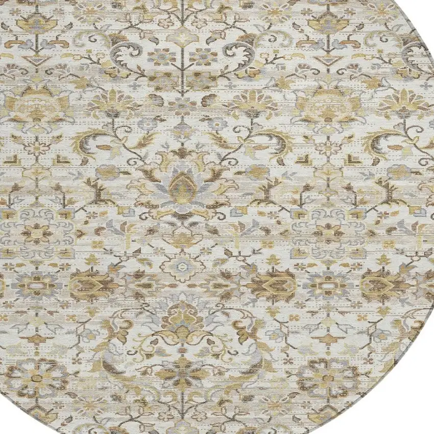8' Ivory And Beige Round Floral Medallion Washable Indoor Outdoor Area Rug Photo 4