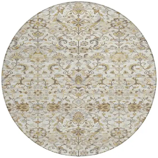 8' Ivory And Beige Round Floral Medallion Washable Indoor Outdoor Area Rug Photo 3