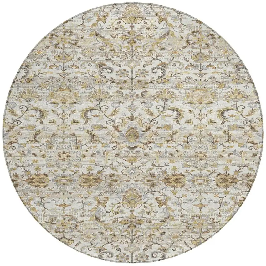 8' Ivory And Beige Round Floral Medallion Washable Indoor Outdoor Area Rug Photo 3