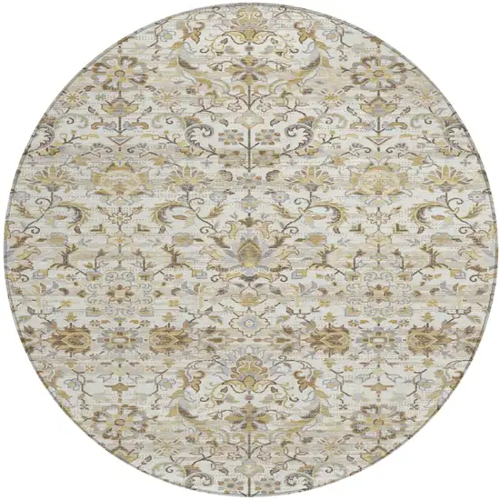 8' Ivory And Beige Round Floral Medallion Washable Indoor Outdoor Area Rug Photo 2