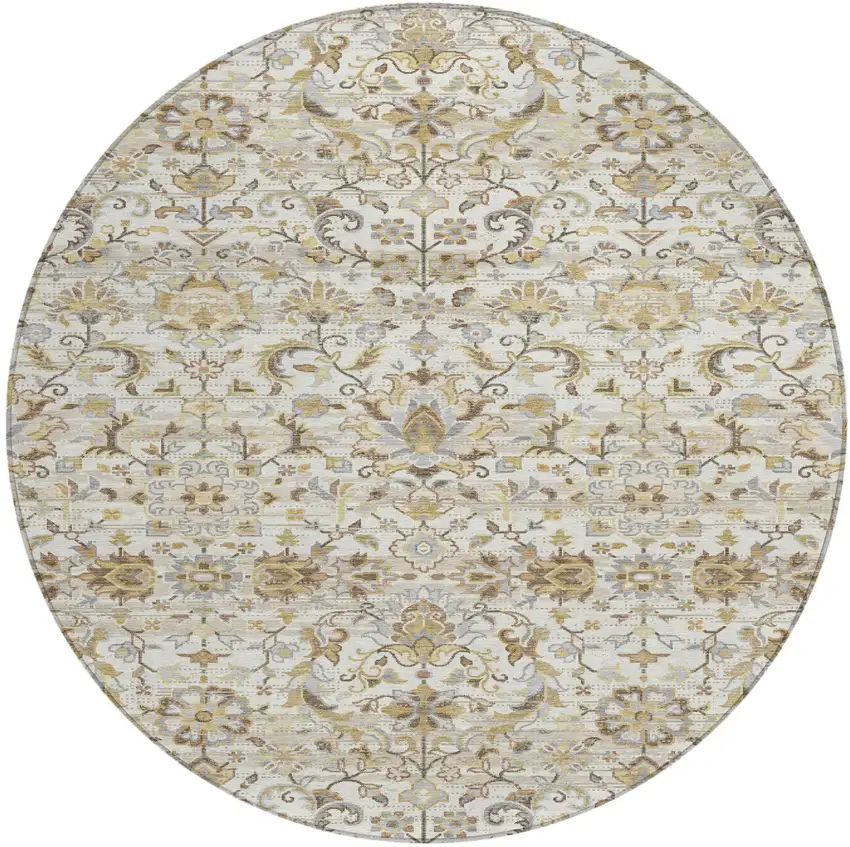 8' Ivory And Beige Round Floral Medallion Washable Indoor Outdoor Area Rug Photo 2