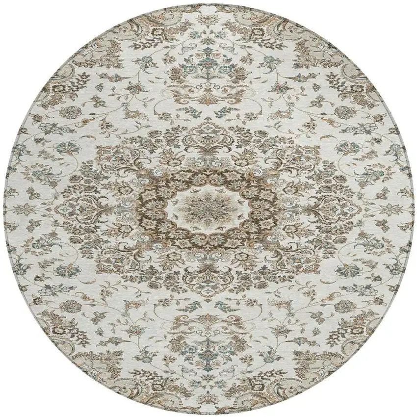 8' Ivory And Beige Round Floral Medallion Washable Indoor Outdoor Area Rug Photo 3
