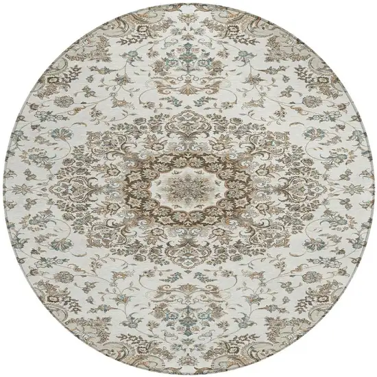 8' Ivory And Beige Round Floral Medallion Washable Indoor Outdoor Area Rug Photo 3