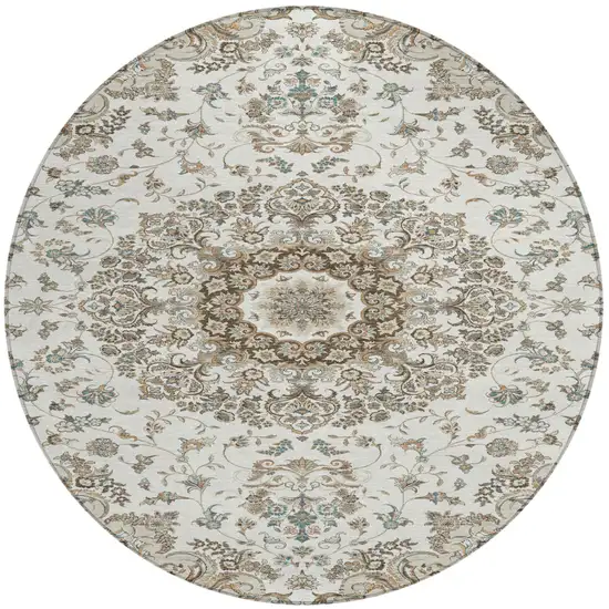 8' Ivory And Beige Round Floral Medallion Washable Indoor Outdoor Area Rug Photo 2