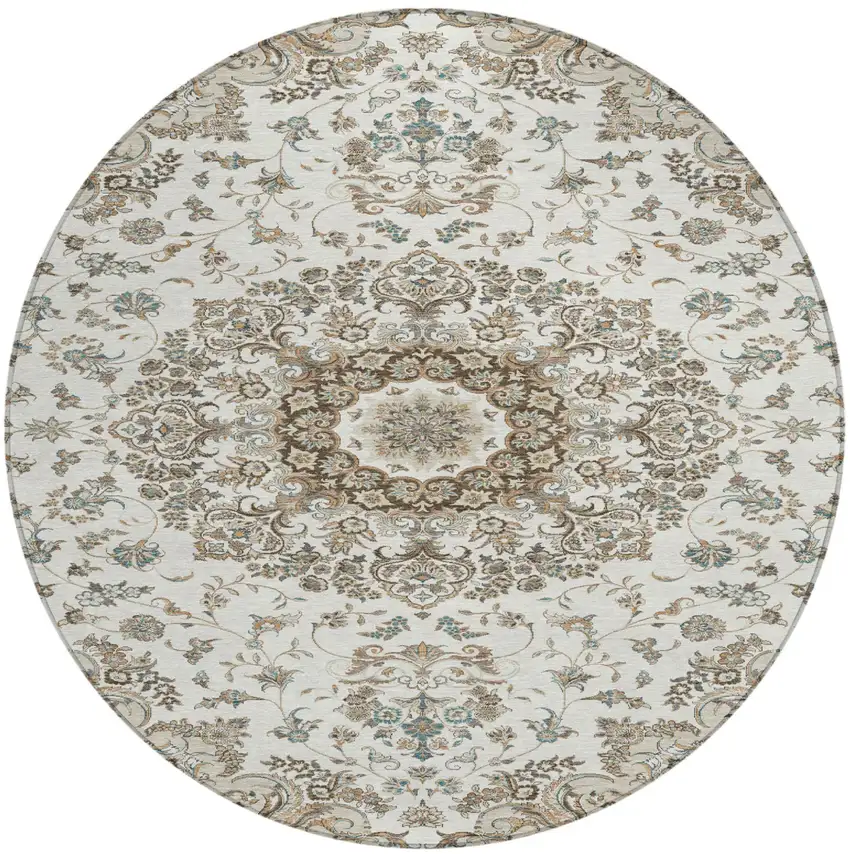 8' Ivory And Beige Round Floral Medallion Washable Indoor Outdoor Area Rug Photo 2