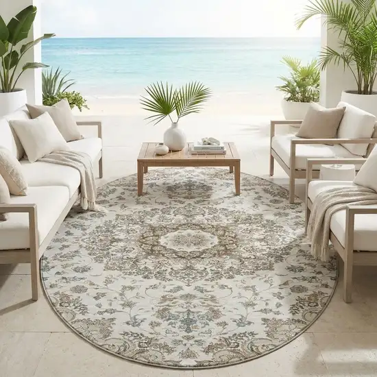 8' Ivory And Beige Round Floral Medallion Washable Indoor Outdoor Area Rug Photo 1