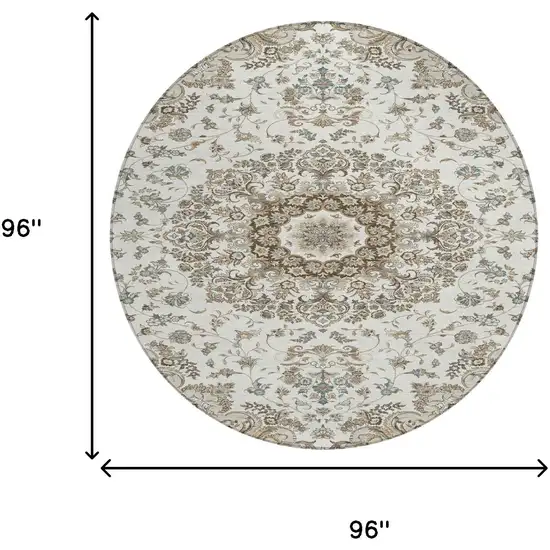 8' Ivory And Beige Round Floral Medallion Washable Indoor Outdoor Area Rug Photo 7