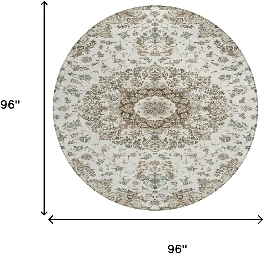 8' Ivory And Beige Round Floral Medallion Washable Indoor Outdoor Area Rug Photo 7