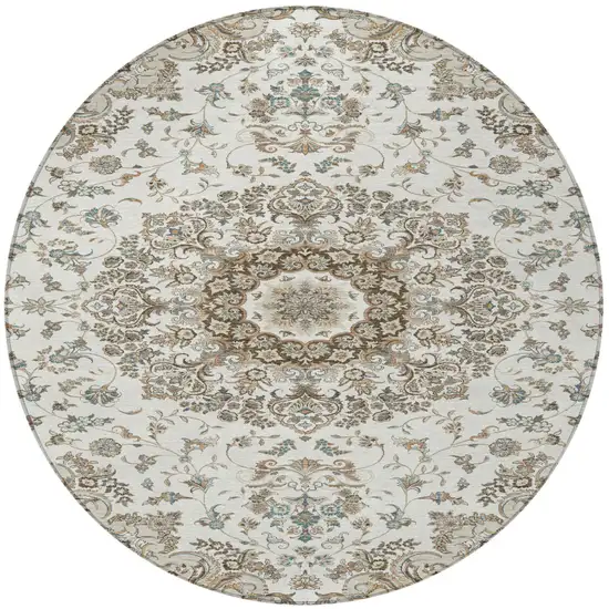 8' Ivory And Beige Round Floral Medallion Washable Indoor Outdoor Area Rug Photo 4