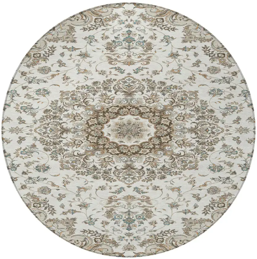 8' Ivory And Beige Round Floral Medallion Washable Indoor Outdoor Area Rug Photo 4