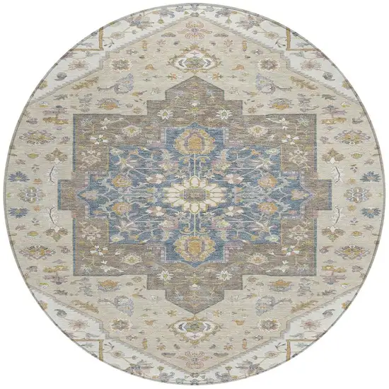 8' Ivory And Beige Round Floral Medallion Washable Indoor Outdoor Area Rug Photo 3