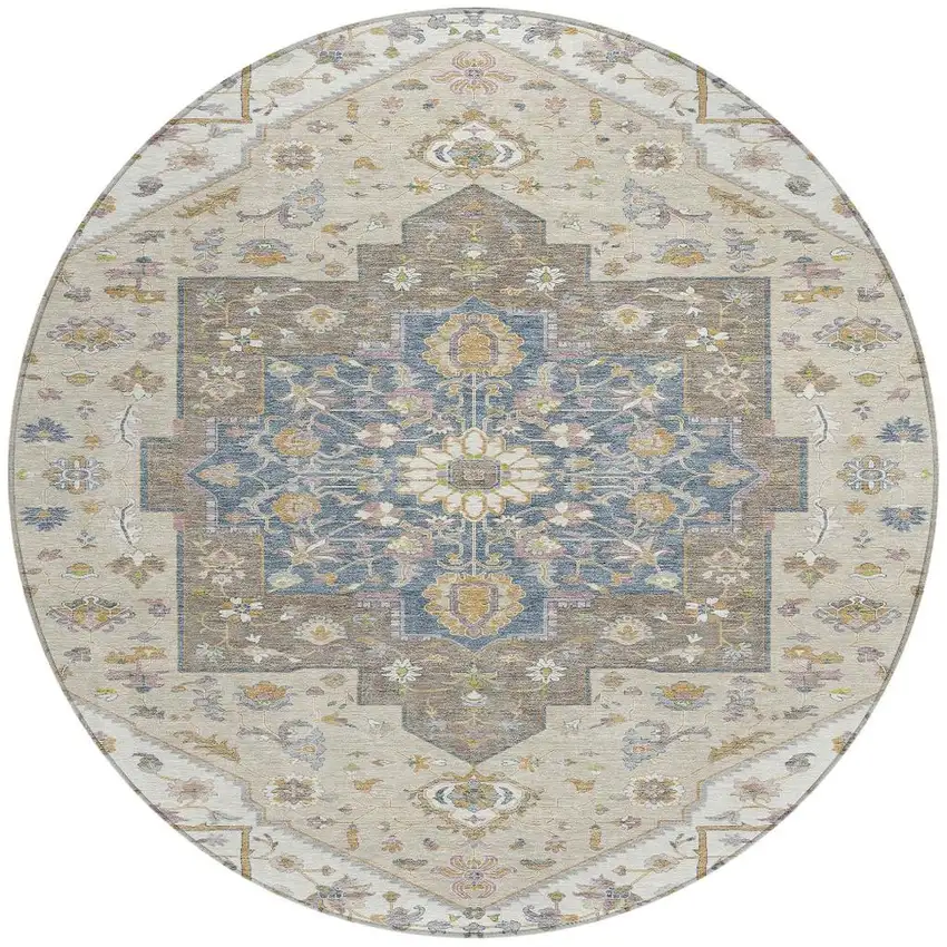 8' Ivory And Beige Round Floral Medallion Washable Indoor Outdoor Area Rug Photo 3