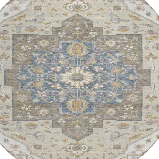 8' Ivory And Beige Round Floral Medallion Washable Indoor Outdoor Area Rug Photo 4