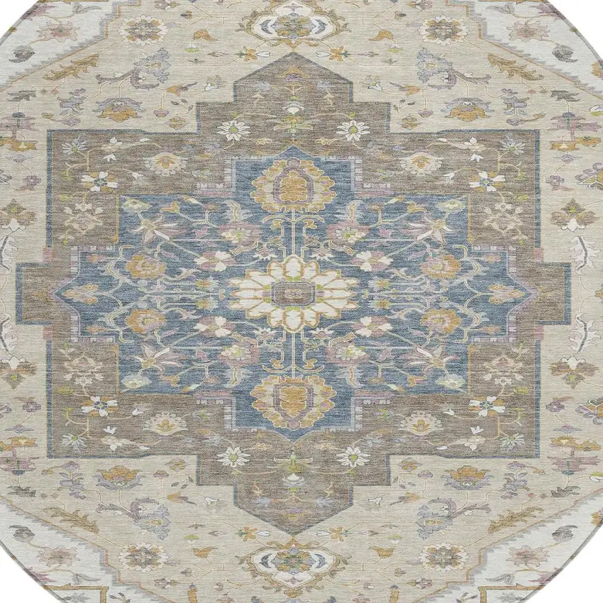 8' Ivory And Beige Round Floral Medallion Washable Indoor Outdoor Area Rug Photo 4