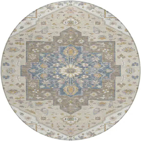 8' Ivory And Beige Round Floral Medallion Washable Indoor Outdoor Area Rug Photo 2