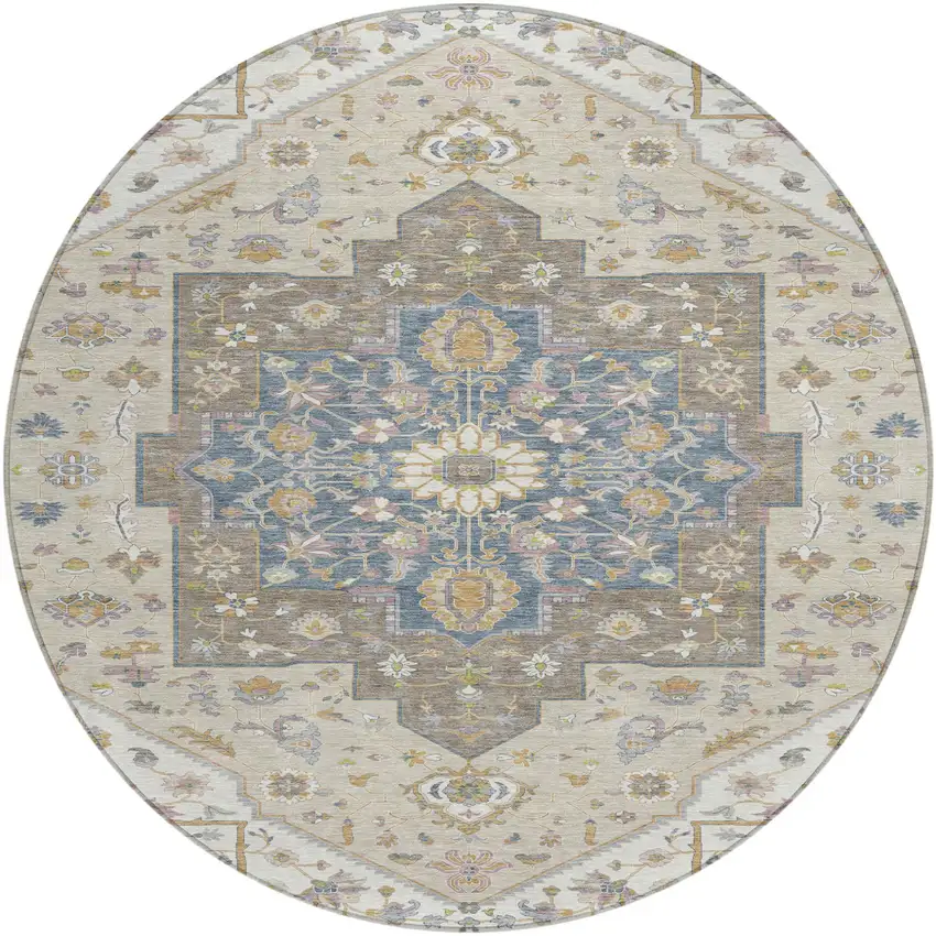 8' Ivory And Beige Round Floral Medallion Washable Indoor Outdoor Area Rug Photo 2