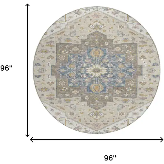 8' Ivory And Beige Round Floral Medallion Washable Indoor Outdoor Area Rug Photo 7