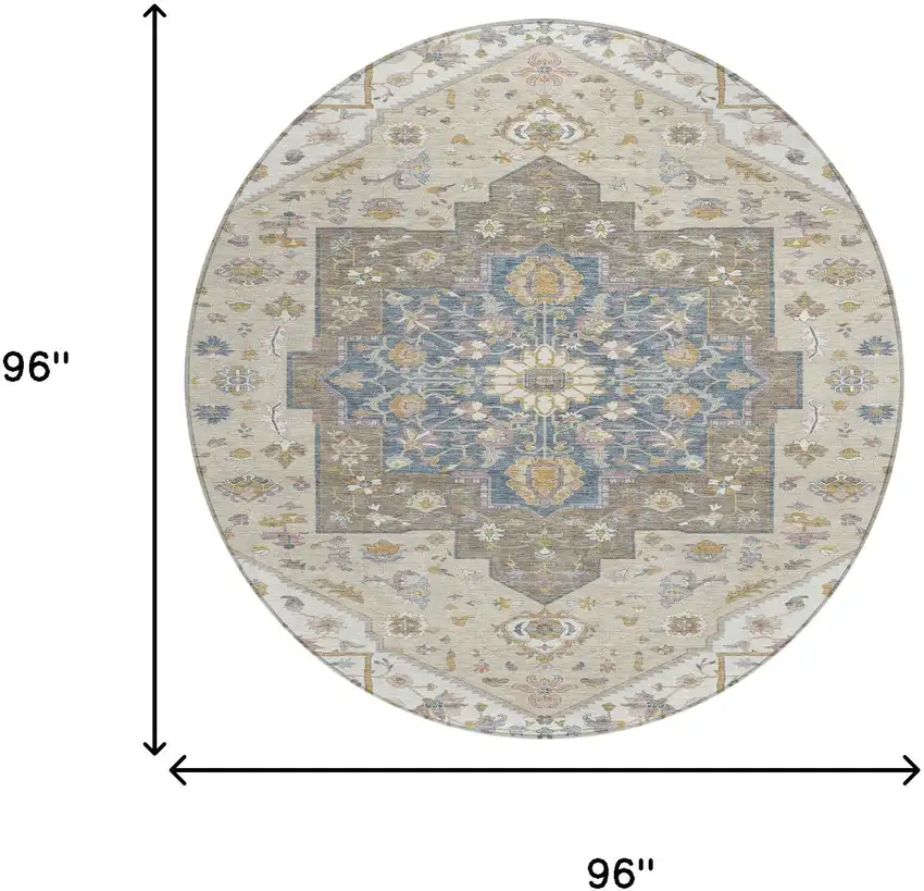 8' Ivory And Beige Round Floral Medallion Washable Indoor Outdoor Area Rug Photo 7