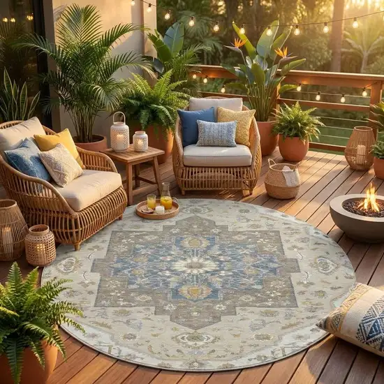 8' Ivory And Beige Round Floral Medallion Washable Indoor Outdoor Area Rug Photo 1