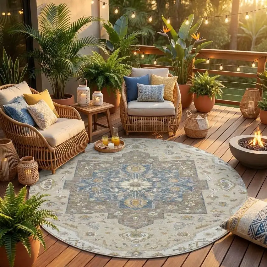 8' Ivory And Beige Round Floral Medallion Washable Indoor Outdoor Area Rug Photo 1