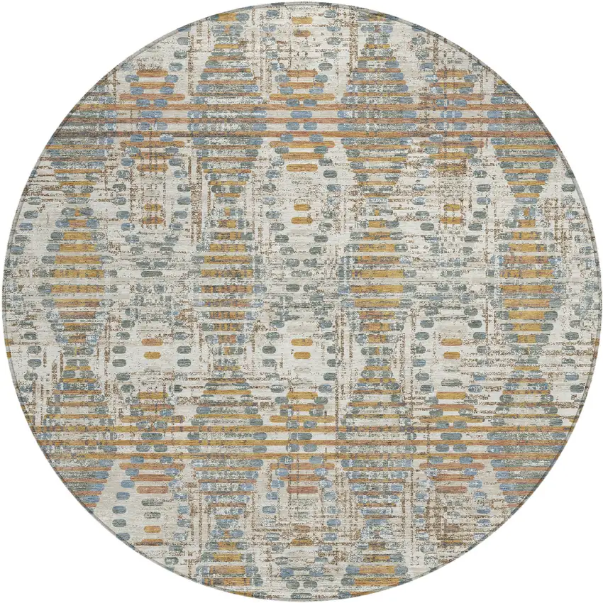8' Ivory And Beige Round Floral Medallion Washable Indoor Outdoor Area Rug Photo 1