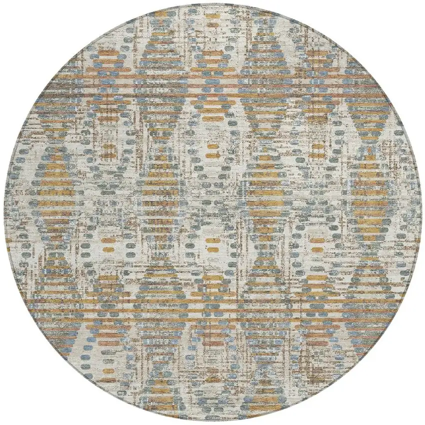 8' Ivory And Beige Round Floral Medallion Washable Indoor Outdoor Area Rug Photo 3