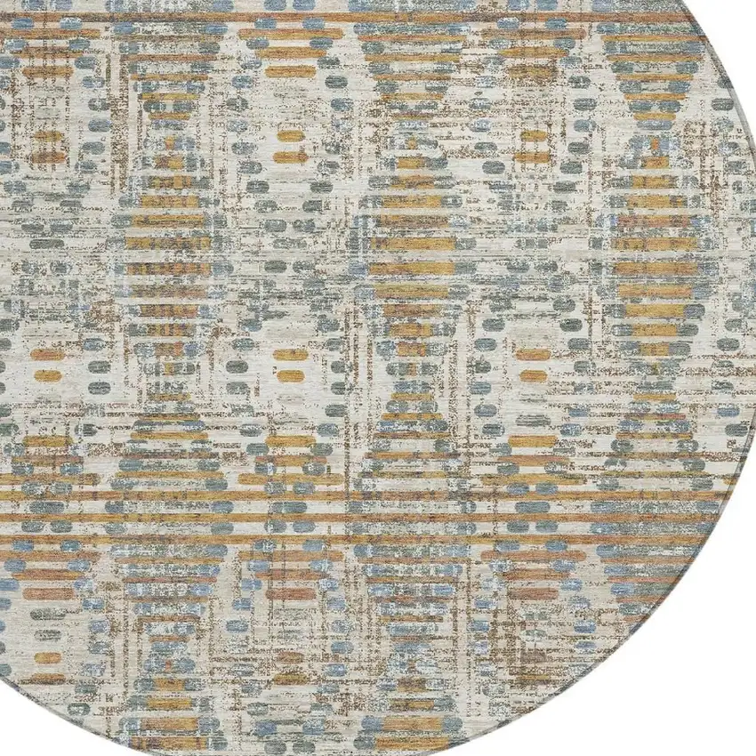 8' Ivory And Beige Round Floral Medallion Washable Indoor Outdoor Area Rug Photo 2