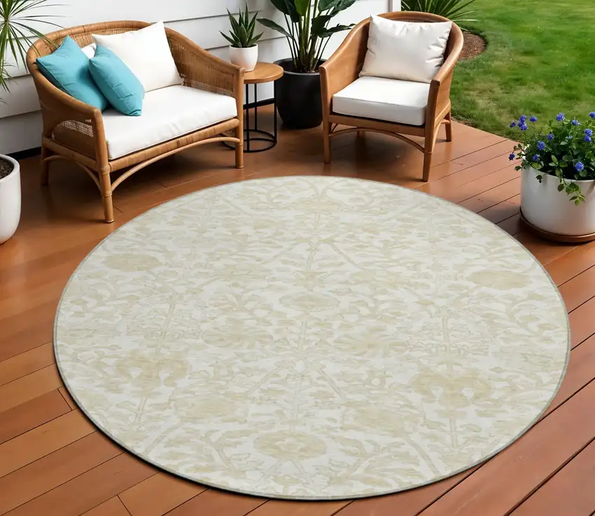 8' Ivory And Beige Round Floral Washable Indoor Outdoor Area Rug Photo 2