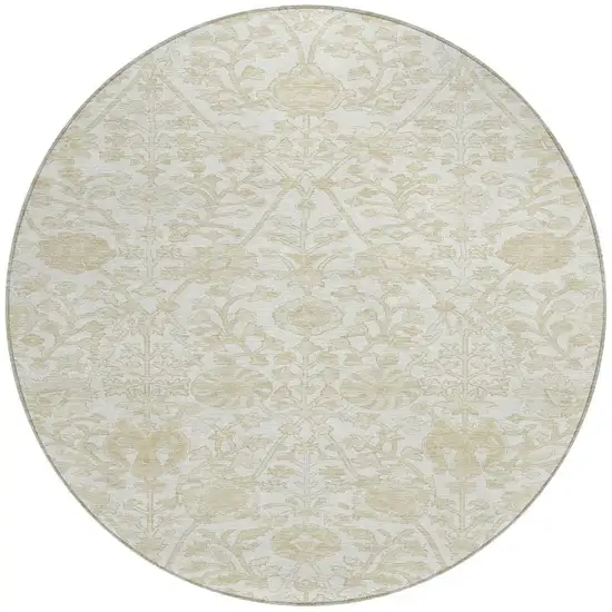 8' Ivory And Beige Round Floral Washable Indoor Outdoor Area Rug Photo 3