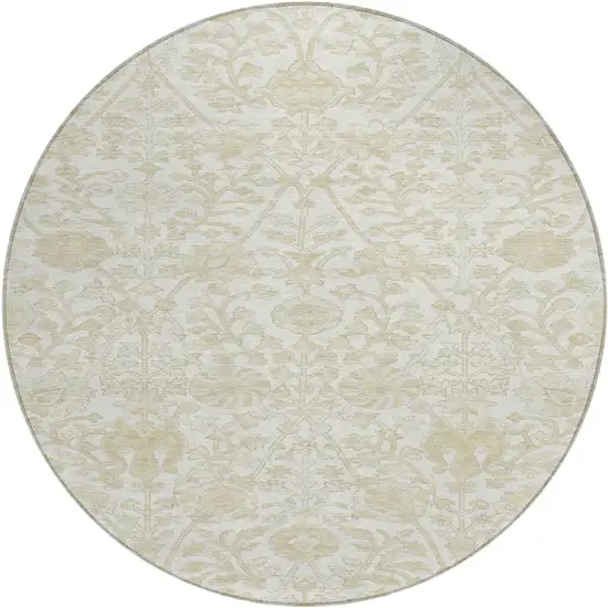 8' Ivory And Beige Round Floral Washable Indoor Outdoor Area Rug Photo 1