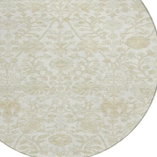 8' Ivory And Beige Round Floral Washable Indoor Outdoor Area Rug Photo 4