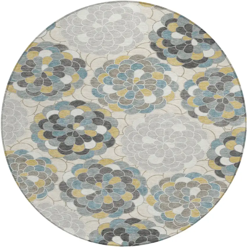 8' Ivory And Beige Round Floral Washable Indoor Outdoor Area Rug Photo 6
