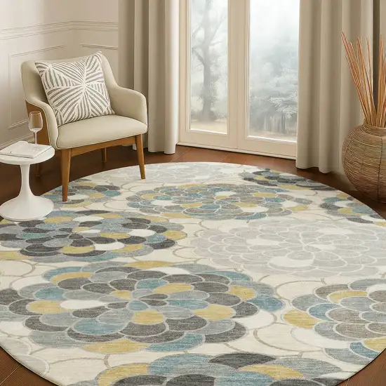 8' Ivory And Beige Round Floral Washable Indoor Outdoor Area Rug Photo 5