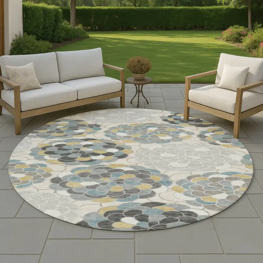 8' Ivory And Beige Round Floral Washable Indoor Outdoor Area Rug Photo 4