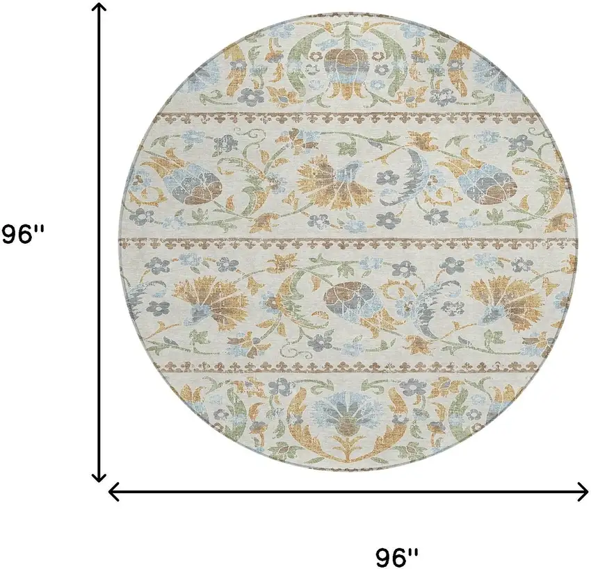 8' Ivory And Beige Round Floral Washable Indoor Outdoor Area Rug Photo 8