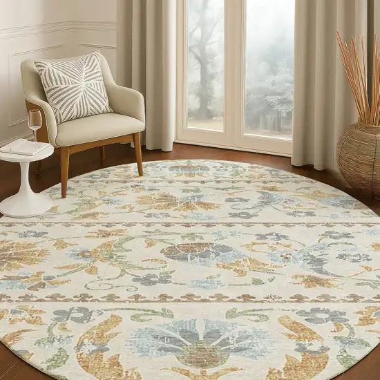 8' Ivory And Beige Round Floral Washable Indoor Outdoor Area Rug Photo 5
