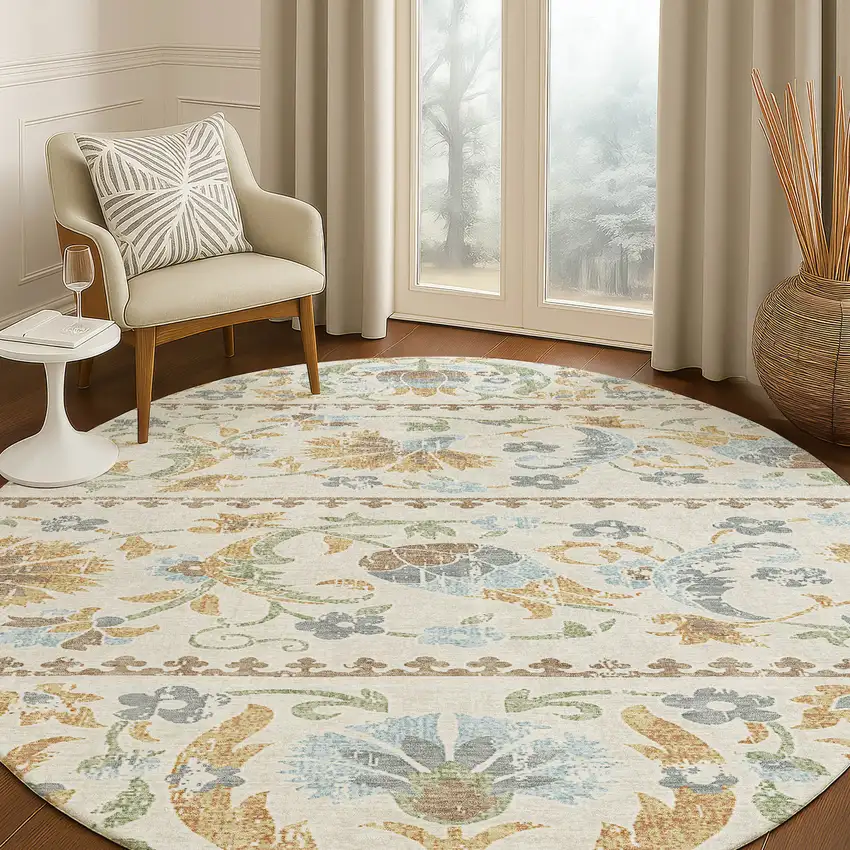8' Ivory And Beige Round Floral Washable Indoor Outdoor Area Rug Photo 5