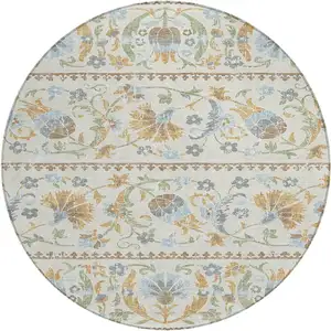 Photo of 8' Ivory And Beige Round Floral Washable Indoor Outdoor Area Rug