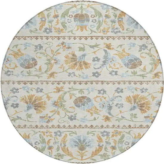 8' Ivory And Beige Round Floral Washable Indoor Outdoor Area Rug Photo 1
