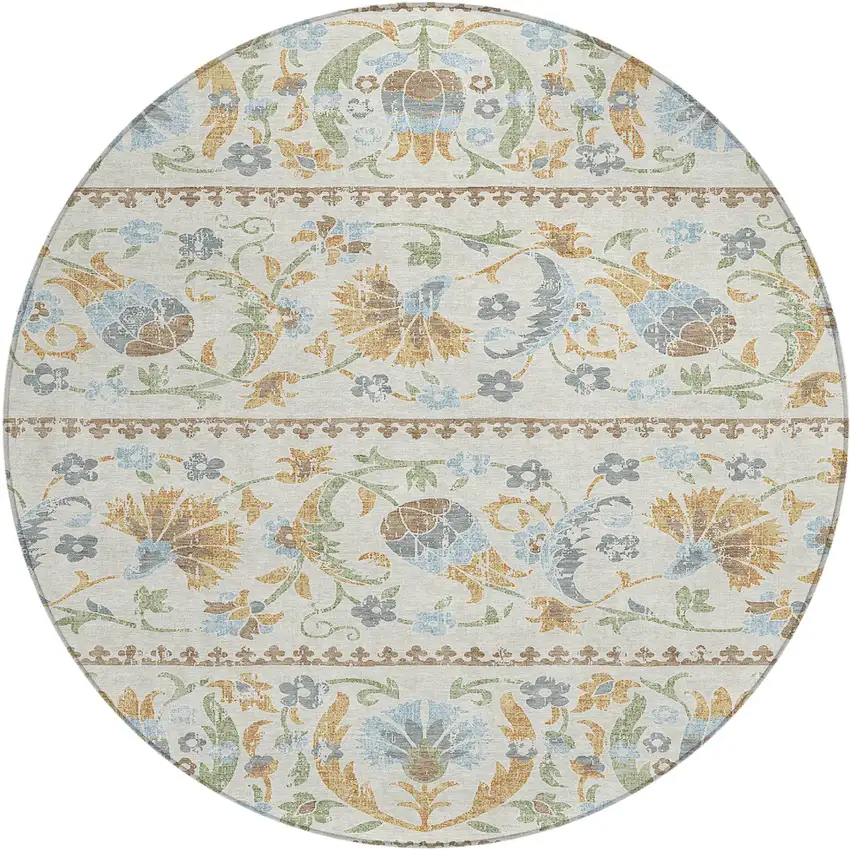 8' Ivory And Beige Round Floral Washable Indoor Outdoor Area Rug Photo 1