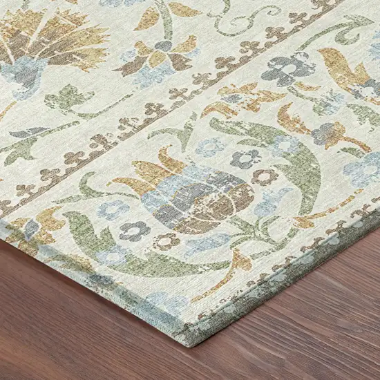 8' Ivory And Beige Round Floral Washable Indoor Outdoor Area Rug Photo 6
