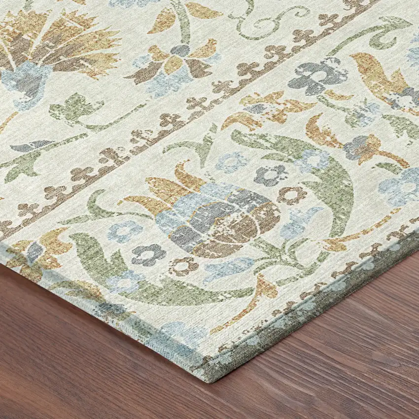8' Ivory And Beige Round Floral Washable Indoor Outdoor Area Rug Photo 6